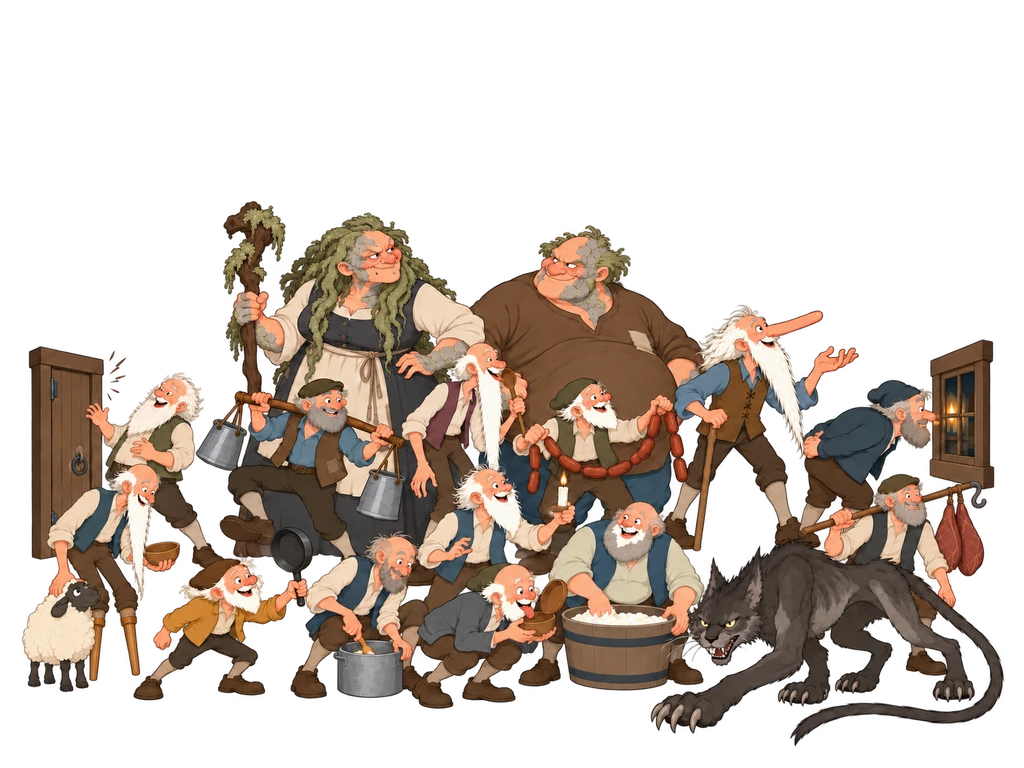 Jólasveinarnir þrettán með Grýlu, Leppalúða og Jólakettinum. Litli Stúfur stendur hjá kindinni með pönnuna sína.